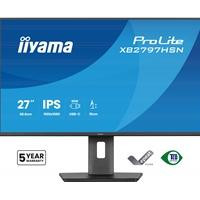 CW Office iiyama PROLITE XB2797HSN-B1 27 inch IPS Monitor, front view of a 27-inch iiyama ProLite display with a blue screen, slim black bezel, adjustable stand, and 5-year warranty badge