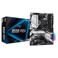 CW Office ASRock B550 Pro4 AMD AM4 Socket Motherboard, black ATX motherboard pictured beside its retail box