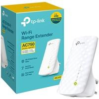 CW Office TP-Link RE200 AC750 Dual Band Wi-Fi Universal Wall-Plug Range Extender, white plug-in Wi-Fi extender displayed beside its teal and yellow TP-Link product box