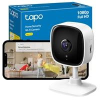 CW Office TP-Link Tapo C100 Home Security WiFi Camera, white indoor security camera displayed with its retail box and a smartphone showing a live home monitoring view