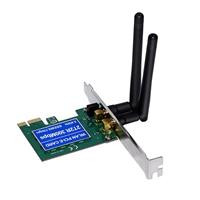 CW Office 300Mbps N300 PCI Express Wireless Adapter with Additional Low Profile Bracket (Bulk Packaged/Poly), green PCIe Wi-Fi adapter card with two black antennas and a silver metal mounting bracket