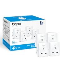CW Office TP-Link Tapo P110(4-pack) Mini Smart Wi-Fi Socket, Energy Monitoring, 4-Pack, product box beside four white mini smart Wi-Fi sockets with energy monitoring