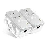 CW Office TP-Link TL-PA4010P KIT 600M Powerline AC Pass-through Twin Pack, two white powerline adapters with integrated pass-through power sockets and Ethernet ports