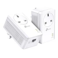 CW Office TP-Link TL-PA7017P KIT AV1000 Gigabit Passthrough Powerline Starter Kit, white powerline adapters with passthrough sockets shown together
