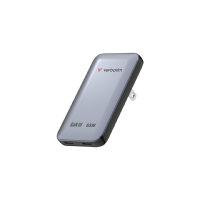 CW Office Verbatim Essentials Slim GaN Charger, 65W 2 x USB-C Ports Grey, slim grey wall charger shown at an angle with foldable plug pins.