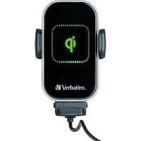CW Office Verbatim FWC-02 Qi Fast Wireless Car Charger, front view of black 360-degree rotatable charger with adjustable side grips, Qi charging symbol, and USB cable.