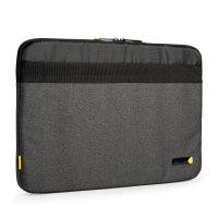 CW Office techair TAECV011 Eco essential 14 - 15.6" Sleeve Dark Grey, dark grey laptop sleeve with black trim and yellow accent tabs, shown at an angle