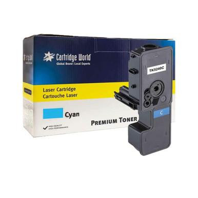 Cartridge World Compatible Kyocera TK-5450C Cyan Toner Cartridge, premium cyan laser toner cartridge displayed beside its Cartridge World packaging