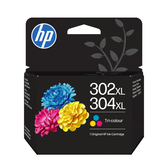 HP Original HP 302XL/304XL High Yield Tri-Colour Ink Cartridge – B7RT8AE, black HP cartridge box featuring 302XL/304XL labeling and colourful flower artwork.