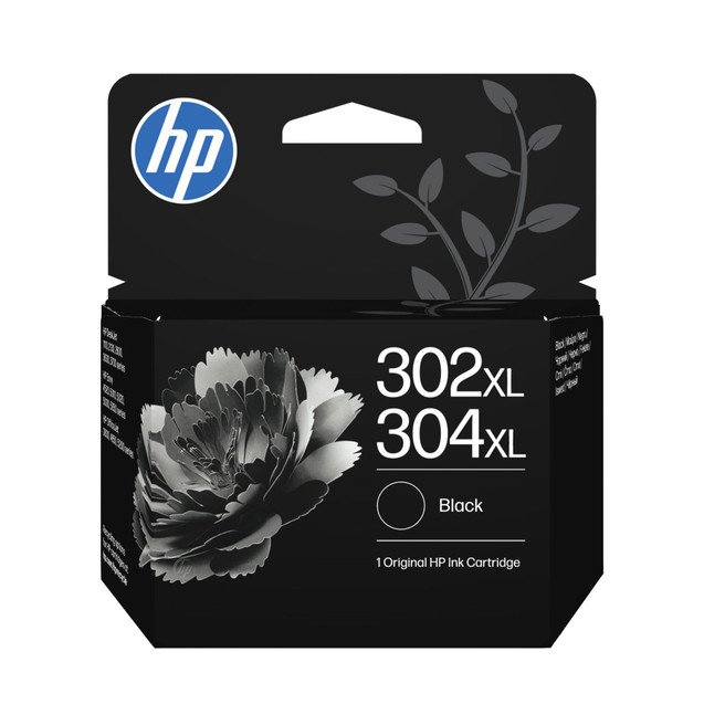 HP Original HP 302XL/304XL High Yield Black Ink Cartridge – B7RT9AE, black HP ink cartridge retail box labeled 302XL/304XL Black with floral artwork and HP logo
