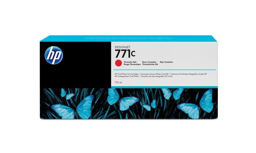 HP Original HP 771C 775ml Chromatic Red DesignJet Ink Cartridge – B6Y08A, front view of the HP DesignJet 771C Chromatic Red 775 ml ink cartridge box with blue butterfly artwork