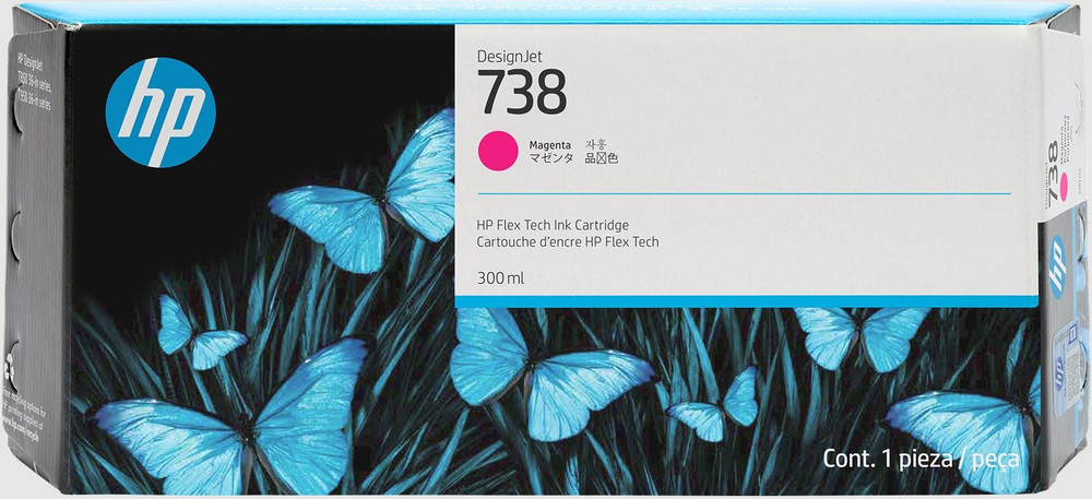HP Original HP 738 300ml Magenta DesignJet Ink Cartridge – 676M7A, HP DesignJet 738 magenta 300 ml ink cartridge in its retail box featuring blue butterfly artwork.