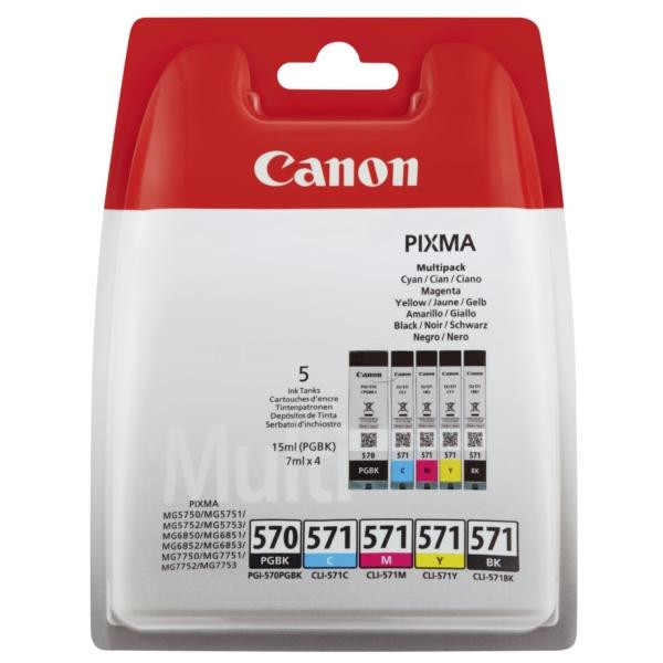 Canon Original Canon PGI-570XL / CLI-571 Five Ink Cartridge Multipack - 0318C009, front view of a Canon PIXMA five-ink cartridge multipack in red and white packaging, showing one PGI-570XL black and four CLI-571 color cartridges.
