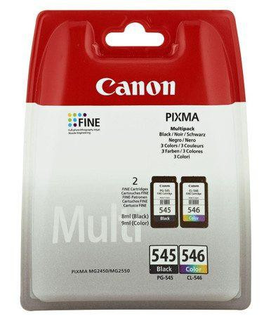 Canon PG-545/CL-546 Multipack Original BKCMY ink cartridges, product packaging showing black, cyan, magenta, and yellow cartridges in a red and white box.