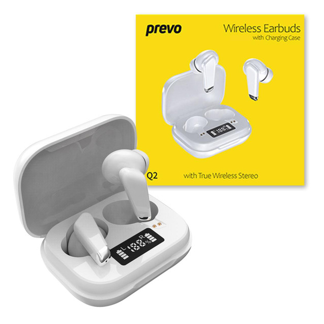 Prevo Q2 TWS Earbuds, white wireless earbuds with charging case, Bluetooth 5.1, automatic pairing, and touch control feature.