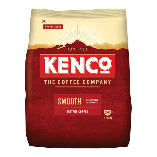 Kenco Really Smooth Coffee Refill 650g, red and beige packaging with mountain graphic, indicating well-rounded medium roast quality and instant coffee convenience.