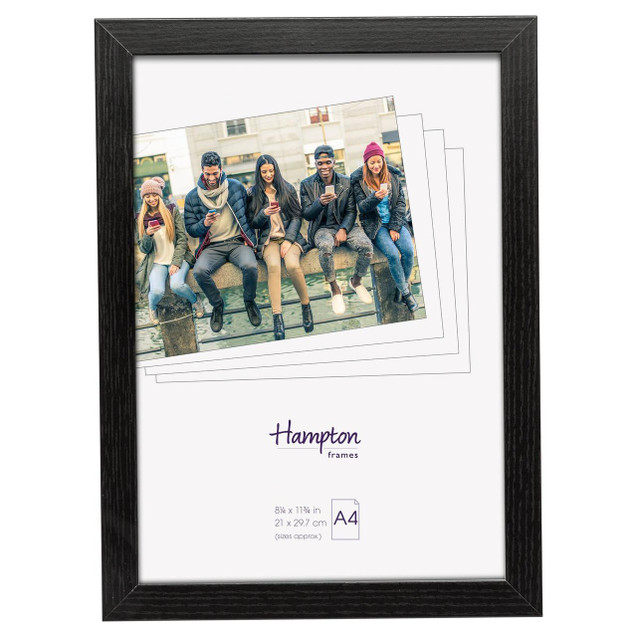 Kent A4 Glass Frame 20mm Black, a black picture frame with a transparent glass front displaying a photo of five young adults sitting on a bench and looking at their smartphones.