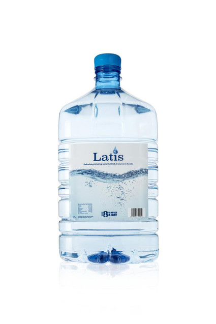 Latis Water 12L, clear plastic bottled drinking water with a blue cap and label highlighting its source in the UK and capacity of 12 liters.
