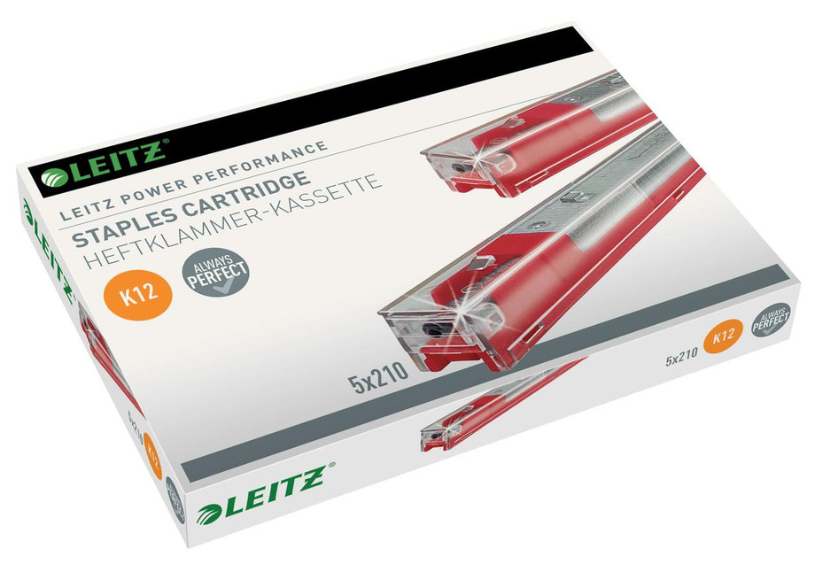 Leitz Heavy Duty Staples Cart 26/12 RD, red and silver heavy-duty stapler cartridge pack for office use.