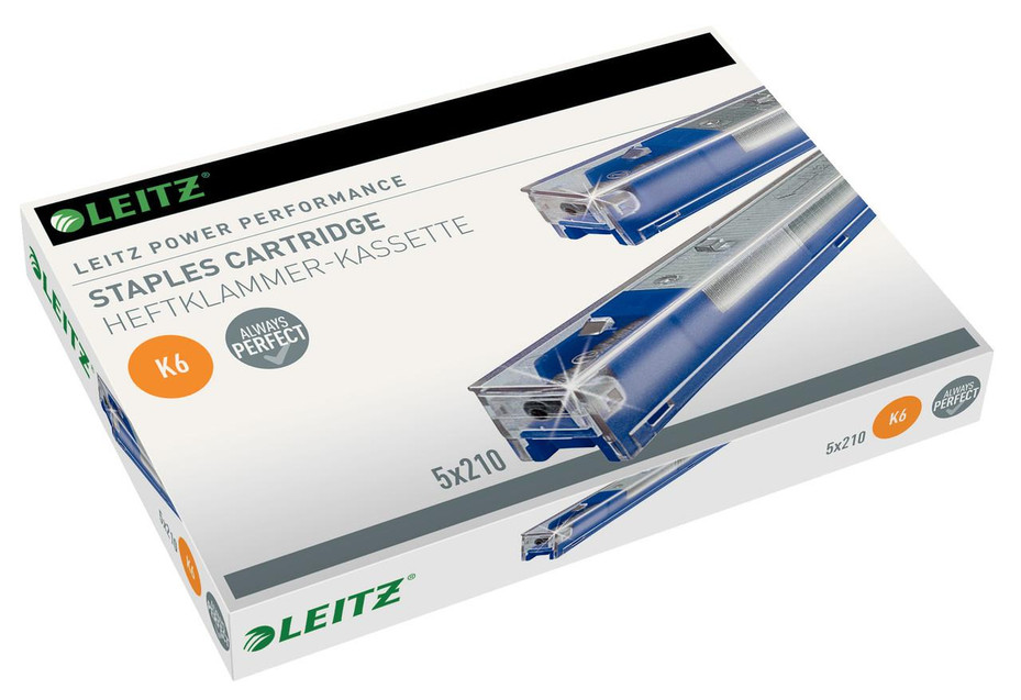 Leitz Heavy Duty Staples Cart 26/6 BL, image of a box containing heavy-duty staples for industrial and office use.