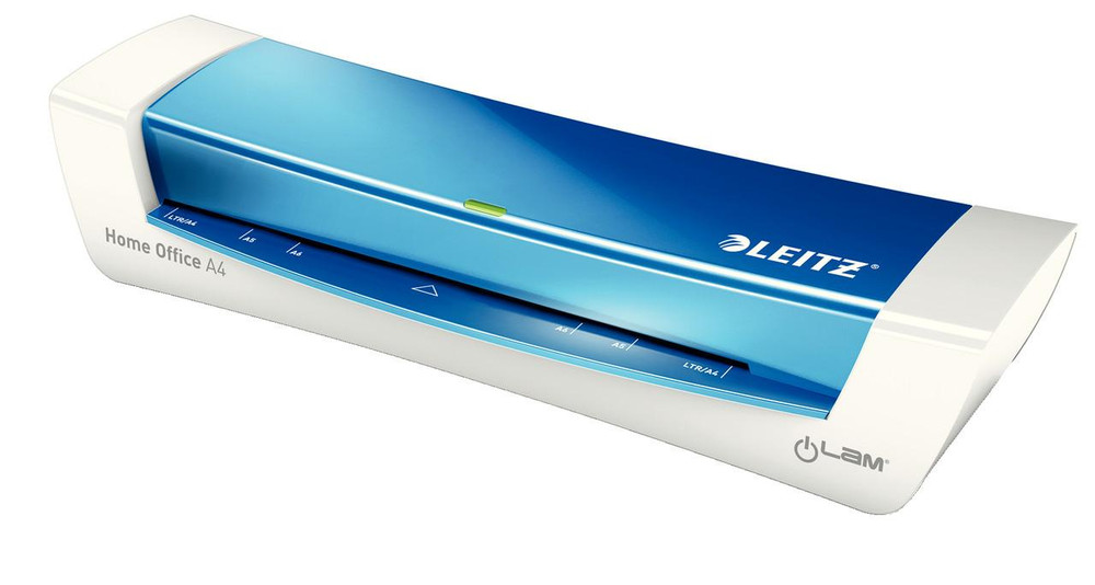 Leitz iLAM Laminator A4 Blue White, a compact desktop laminator in blue and white color for home and office use.