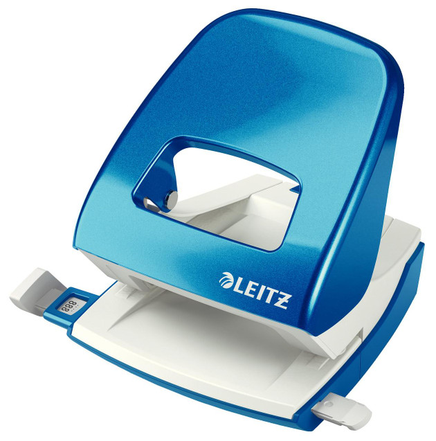 Leitz WOW 2 Hole Punch Metallic BL, blue and white paper hole puncher with digital display and sturdy design for precise hole punching.