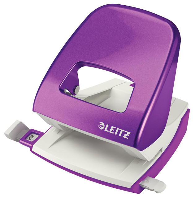 Leitz WOW 2 Hole Punch Purple, a modern 2-hole punch device with a purple metallic finish for easy paper punching.