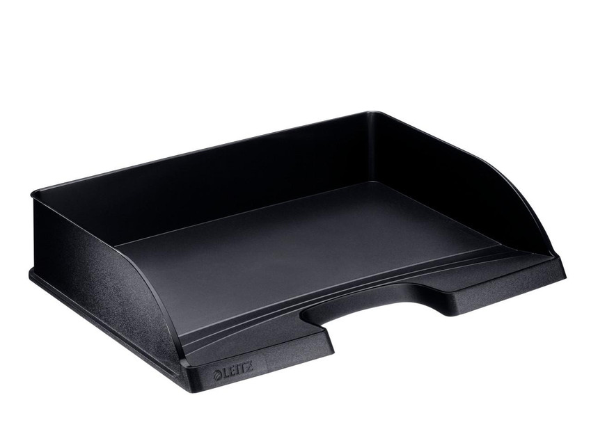 LSM Letter Tray Plus Landscape Black, a black plastic landscape letter tray with a curved front edge for organizing documents.