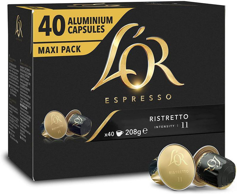 LOR Ristretto Coffee Pods PK40, aluminium capsules for espresso coffee, black and gold packaging, 40 capsules with intensity level 11, 208 grams.