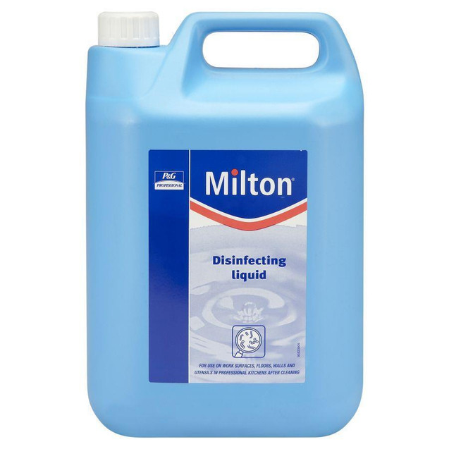 Milton Disinfecting Fluid 5L, blue plastic container with white cap and label showing product name and usage instructions.