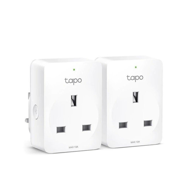 TP-Link Mini Smart WiFi Sockets Twin Pack, white smart plug sockets with remote control and WiFi connectivity for home automation.