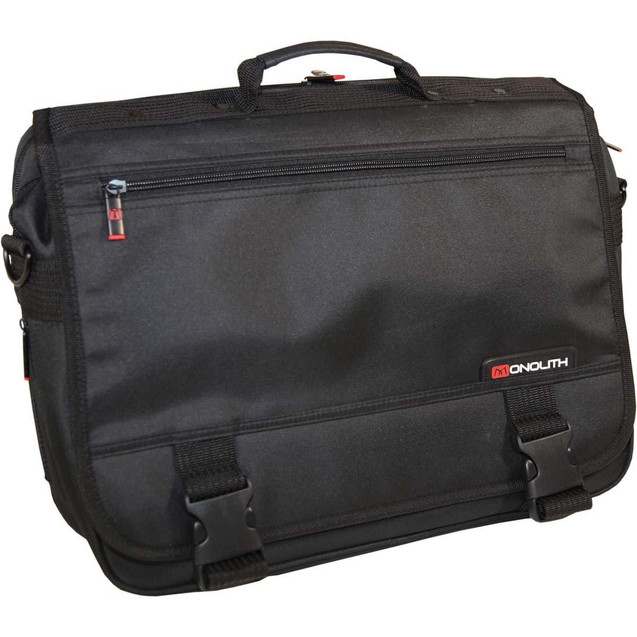 Monolith Exp Flapover Briefcase, black professional briefcase with zippered front pouch and handle for business and travel use.