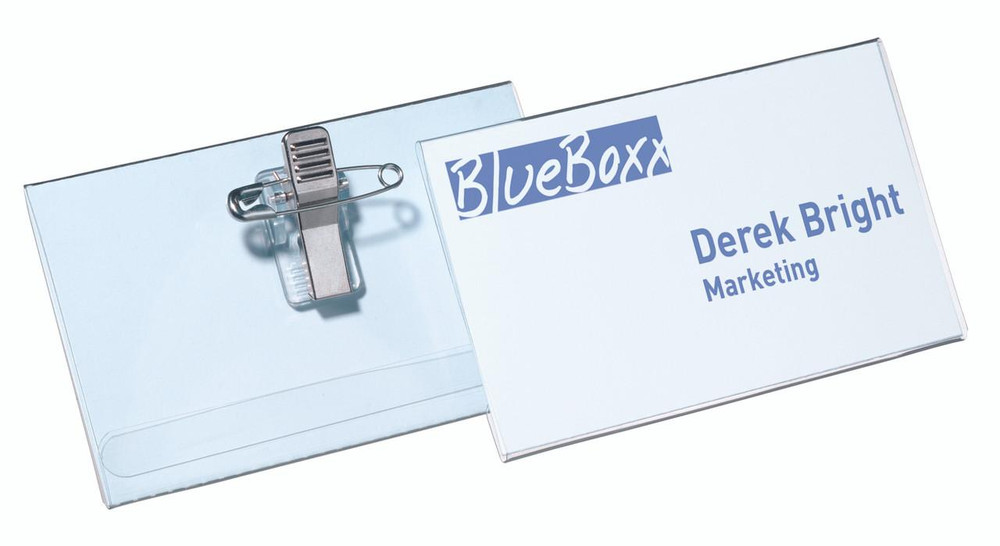 Durable Name Badge with Combi-Clip 54x90mm PK50, clear plastic badge holder with metal clip and name card displaying 'Derek Bright' from Marketing.