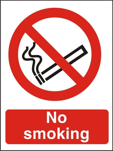 Seco No Smoking Semi Rigid Plastic Sign, red and white no smoking sign with a cigarette and smoke graphic crossed out