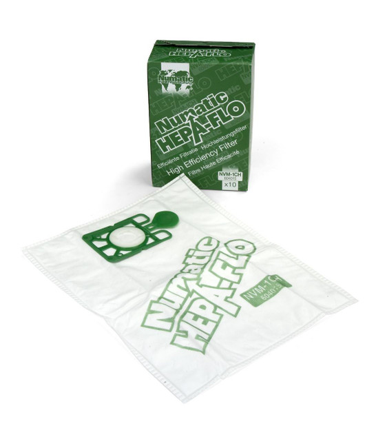 Numatic Henry Vacuum Filter Bags PK10, green high efficiency vacuum filter bags with a white cloth bag and green handle tool.