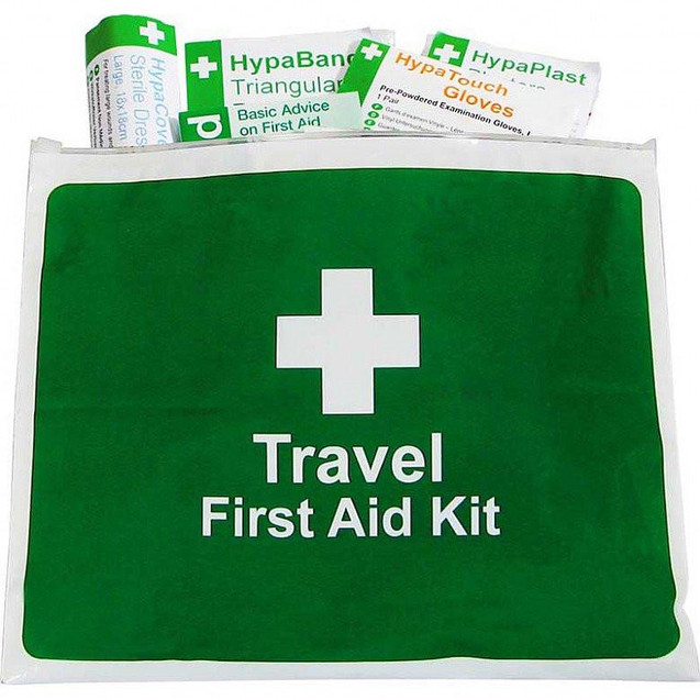 Off-Site First Aid Kit in Vinyl Wallet, travel first aid kit with medical supplies and instructions for emergency medical care.