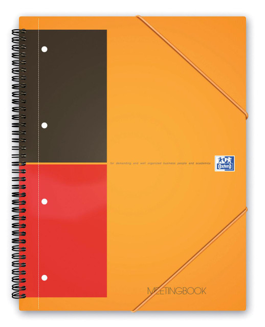 Oxford Oxfd Int W/bnd PP Book A4+ Perf 160P OR, Orange spiral-bound meeting notebook with elastic band closure and colorful geometric cover design.