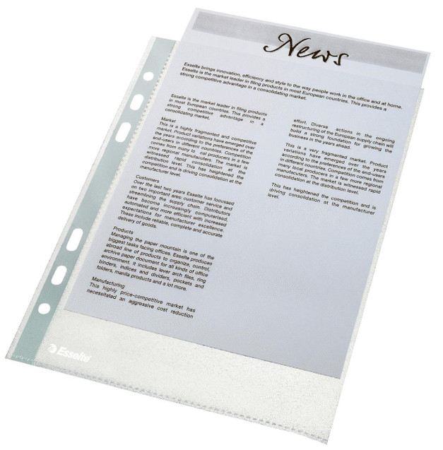 Esselte PocketPunched A5 50Micron PK100, transparent plastic document sheet with punched holes for filing.