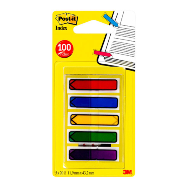 Post-it Index Arrows 12mm, pack of 100 colorful tabs in five different colors for organizing and marking documents.