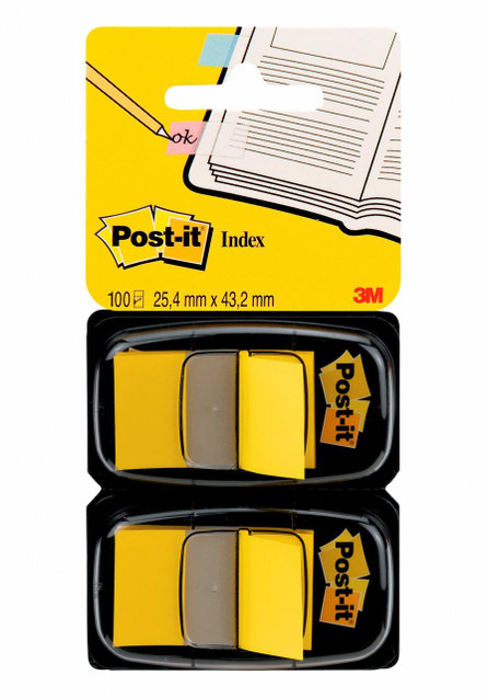 Post-it Index Dual Pack Yell PK100, two packs of yellow index tabs with silver backing, 100 pieces each, designed for page marking and labeling.