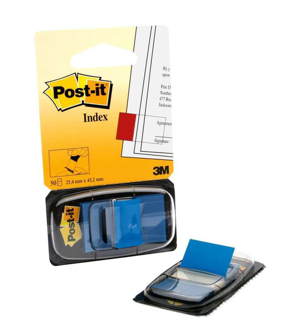 Post-it Index Flags 25mm 50 Tabs BL PK12, product packaging with blue index flags and tab dividers inside a plastic container.