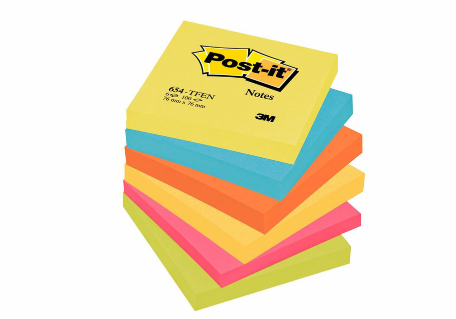Post-it Note 76x76mm Energetic Colors PK6, a set of colorful sticky notes in yellow, blue, orange, pink, and green.