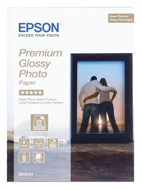 Epson PREMIUM GLOSSY PHOTO 13x18 30SHEETS, product packaging showing glossy photo paper sheets in a box with an image of two people on a photo frame.