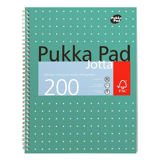 Pukka Jotta Wire A4 Notebook PK3, green cover with white polka dots, spiral binding, and label indicating 200 pages of premium quality writing paper.