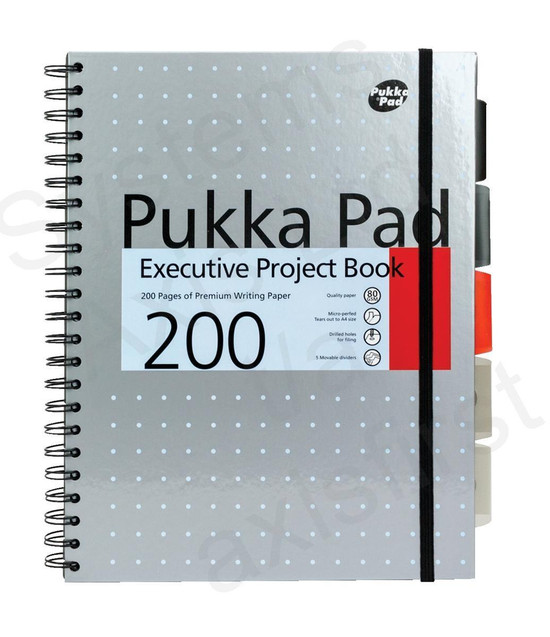 Pukka Metallic Exec Project Book A4 PK3, spiral-bound project planner with tabs and elastic closure for organizing professional documents.