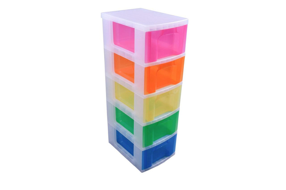 Really Useful Storage Tower 5x12L RNBW, colorful plastic storage container with five drawers in pink, orange, yellow, green, and blue for organizing small items.