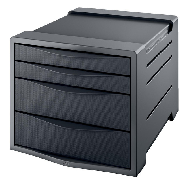 Rexel Choices Draw Cabinet Black, modern black plastic desk organizer with multiple drawers for office supplies.