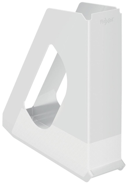 Rexel Choices Magazine File White, a white plastic magazine file organizer with a sturdy open-top design for storing documents and magazines efficiently.