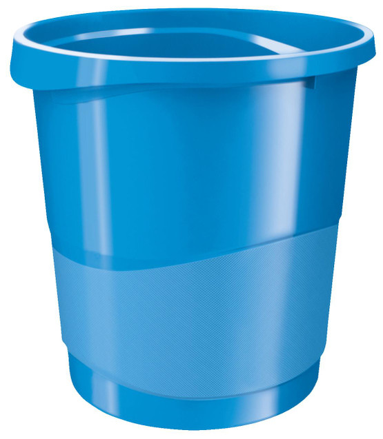Rexel Choices Waste Bin Blue, a large blue plastic waste bin with a textured middle section for easy grip.
