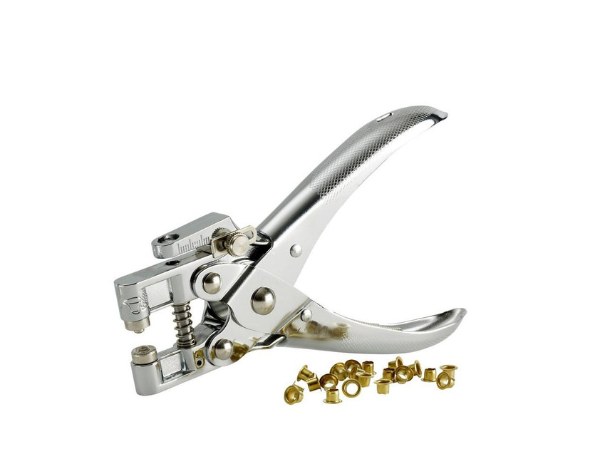 Rexel Circular Brass Eyelets PK500, metal hole punch tool with gold brass eyelets for crafting and leatherworking.